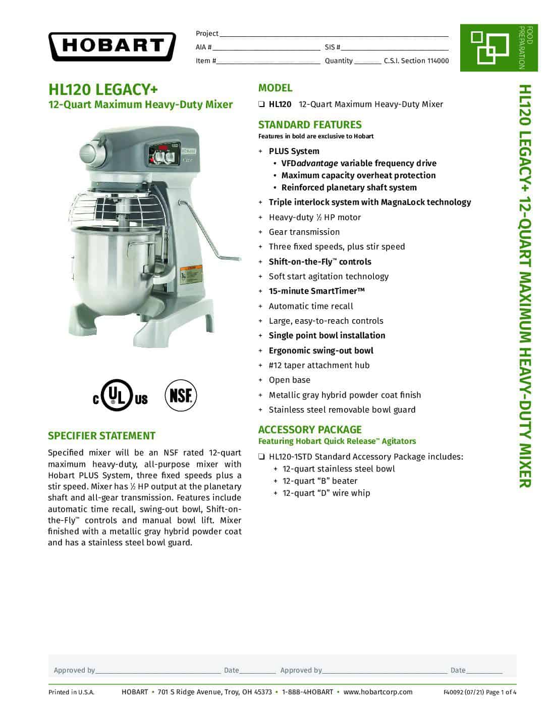 Hobart HL120-1STD.SpecSheet
