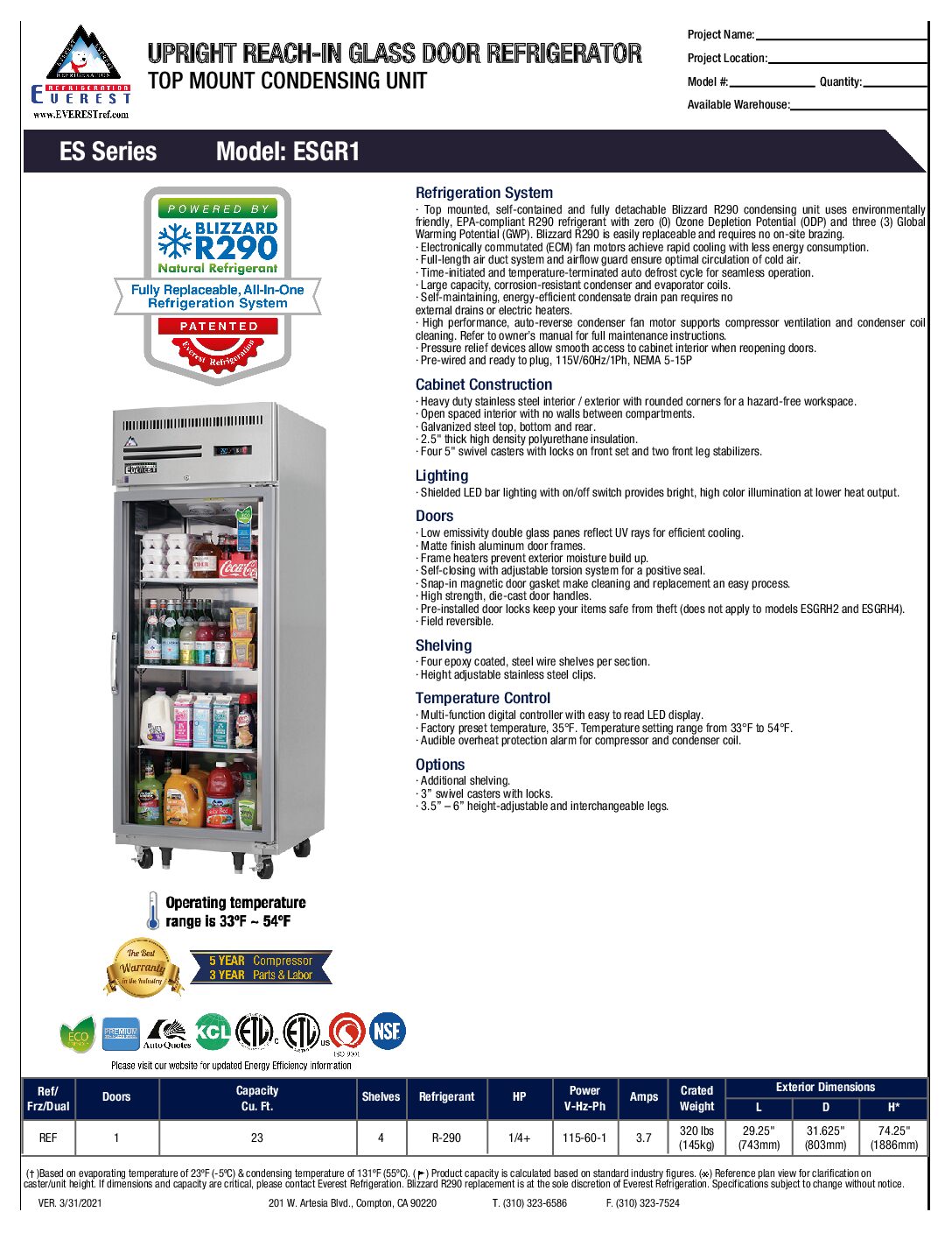 Everest Refrigeration ESGR1.SpecSheet