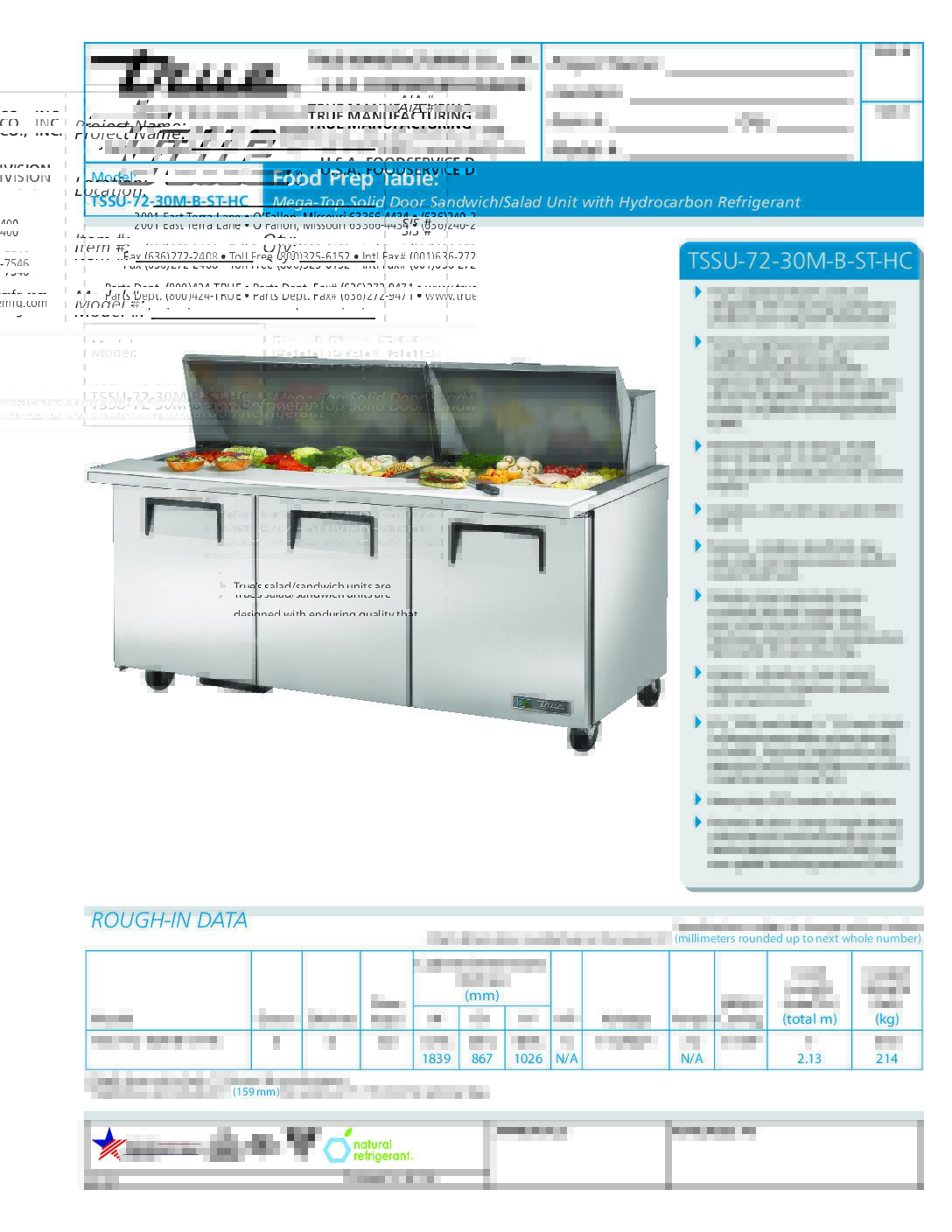 True Mfg. - General Foodservice TSSU-72-30M-B-ST-HC.SpecSheet